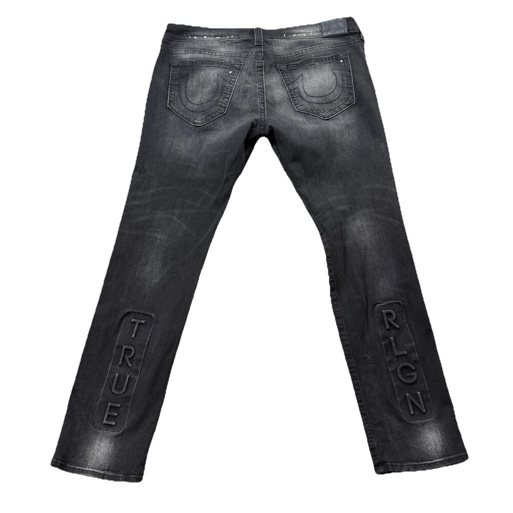 True Religion Rocco Embossed Relaxed Skinny Black Distressed Jeans 40x32 Button
